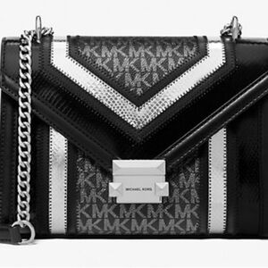 Michael Kors $628 Whitney Chain Dual Use Logo Black and Silver Purse +Crossbody